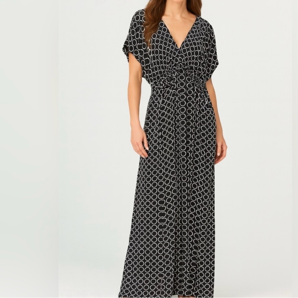 MICHAEL KORS Black and White V-Neck Gauzy Circle Pattern Maxi Dress